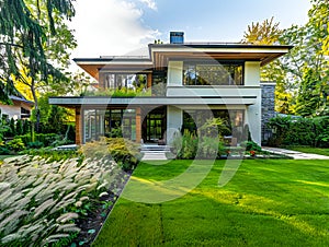 A modern home with lush green grass and trees