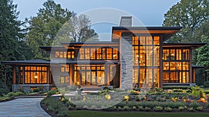 Modern home nestled in trees