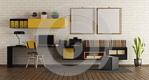 Modern home office with black and yellow furniture