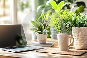 A modern home office desk with a computer, a houseplant and a cup of coffee