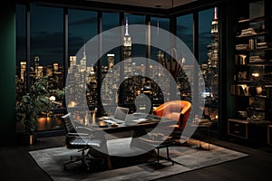 Modern home office interior with city view, dark luxury room at night. Stylish skyscraper apartment with desk, armchairs and