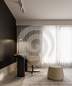 Modern home office interior design with white armchair and wooden desk.