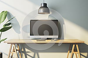 Modern home office interior with empty computer monitor on designer desktop. Decorative plant and concrete wall background with