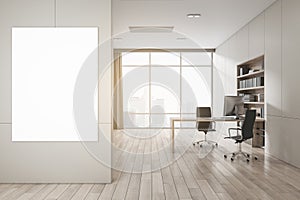 Modern home office interior with empty white mock up banner, furniture, wooden flooring, window with city view and curtain,
