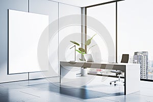 Modern home office interior with empty white mock up banner, panoramic window and city view, workplace and sunlight.