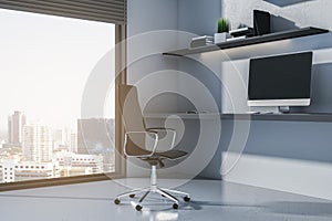 Modern home office interior with mock up place, shelves, window and city view, equipment and other objects.