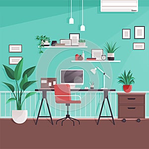 Modern home office interior. Remote workplace with desk, chair, computer and potted plants