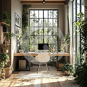 Modern Home Office with Large Windows and Greenery
