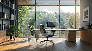 Modern Home Office with Large Windows and a View of a Green Forest