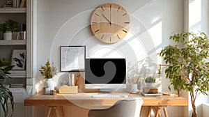 Modern home office setup featuring a computer, plants, and natural light in a cozy environment