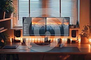 Modern home office setup featuring dual monitors displaying code and mountain landscape