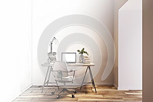 A modern home office setup with a laptop on a desk, a chair, lamp, and books, depicted in a minimalist interior design on a plain