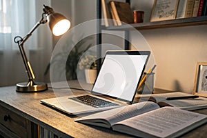 Remote work at home office with laptop photo