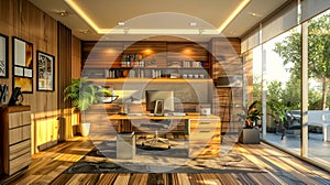 Modern home office with sleek wooden design