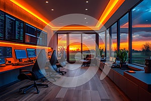 Modern Home Office and Technology Setup with Sunset View Generative AI