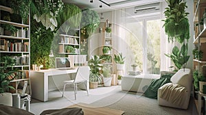 Modern home office with white desk office chair in cozy room with lots of indoor plants. Scandinavian interior design