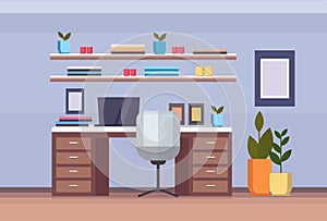 Modern home office workplace cabinet empty no people house living room interior freelance concept flat horizontal