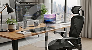 Modern Home Office Workspace with Coding Setup