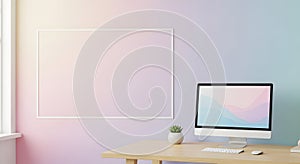Modern Home Office Workspace with Mockup Frame and Computer