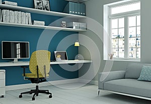 Modern home office with yellow chair and blue wall interior design 3d Rendering