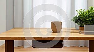 Modern Home Room Interior with Spacious Wood Table and Empty Copy Space.