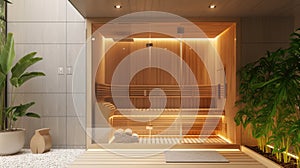 Modern home sauna interior design with warm lighting