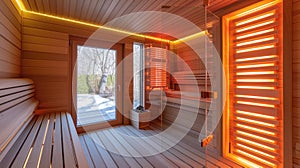 Modern Home Sauna Interior with Warm Glowing Lights