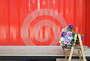 Modern home and shop design with flowers on wooden shelf decor, containerization background photo