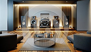 Modern Home Stereo Listening Room Audiophile Hi-fi Turntable Tower Speakers Component AI Generated Home Interior