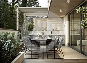 Modern home terrace. Luxury outdoor table with chairs and built in barbeque. Interior design.