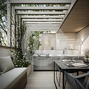 Modern home terrace. Luxury outdoor table with chairs and built in barbeque. Interior design.