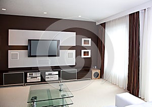 Modern Home Theater Room Interior with Flat Screen TV