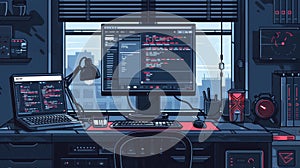 Modern Home Workspace with Dual Monitors and Coding Setup
