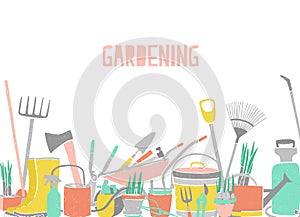 Modern horizontal backdrop with gardening tools at bottom edge on white background. Agricultural equipment for plant