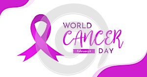 Modern Horizontal banner World Cancer Day Vector Illustration with color and ribbon purple. Landscape Poster for web, social media