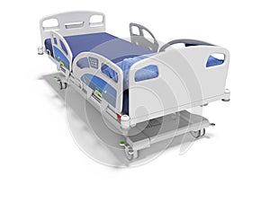 Modern hospital bed with lifting mechanism on the control panel 3d render on white background with shadow