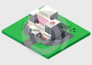 Modern hospital building with ambulance car, vector isometric illustration