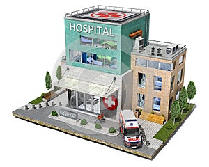 Modern hospital building and surrounding area