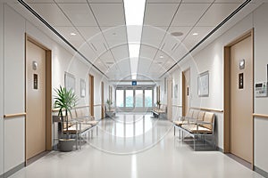 Modern hospital corridor with beds and waiting area, serene healing