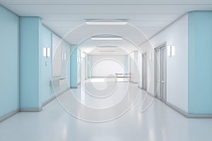 modern hospital corridor with blue walls and white floor. 3d rendering, Empty modern hospital corridor background, Clinic hallway
