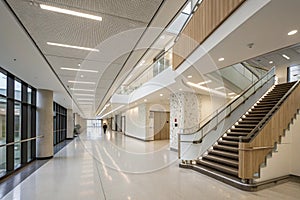 Modern hospital corridor with architectural design photo