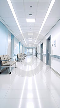 Modern Hospital Corridor with Waiting Area Chairs and Bright Lights