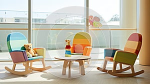 a modern hospital's children's reception area, adorned with adorable toys resting on chairs, exuding comfort and