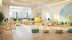 a modern hospital's children's reception area, adorned with adorable toys resting on chairs, exuding comfort and