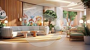 a modern hospital's children's reception area, adorned with adorable toys resting on chairs, exuding comfort and