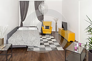 Modern Hotel Apartment with 3d Living Room and Bedroom Interior,