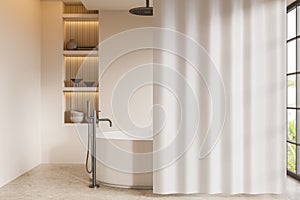 Modern hotel bathroom interior with tub, empty curtain and panoramic window