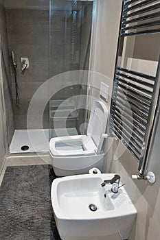 Modern hotel bathroom with toilet bowl