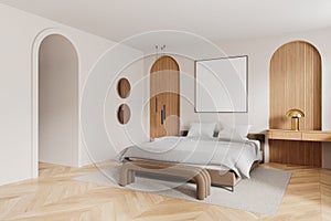 Modern hotel bedroom interior with bed and decoration. Mock up frame