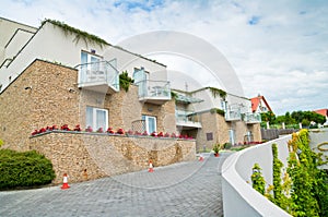 Modern hotel with cloudy sky